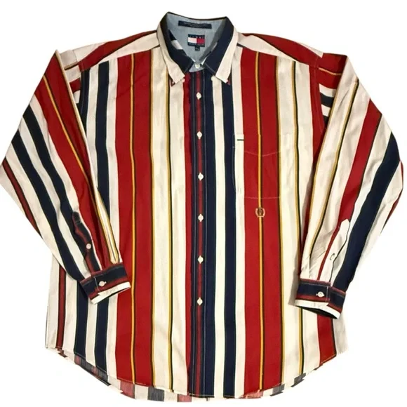 Tommy Hilfiger Vintage 90s Striped Button Down Shirt XL Crest Logo - Picture 1 of 12